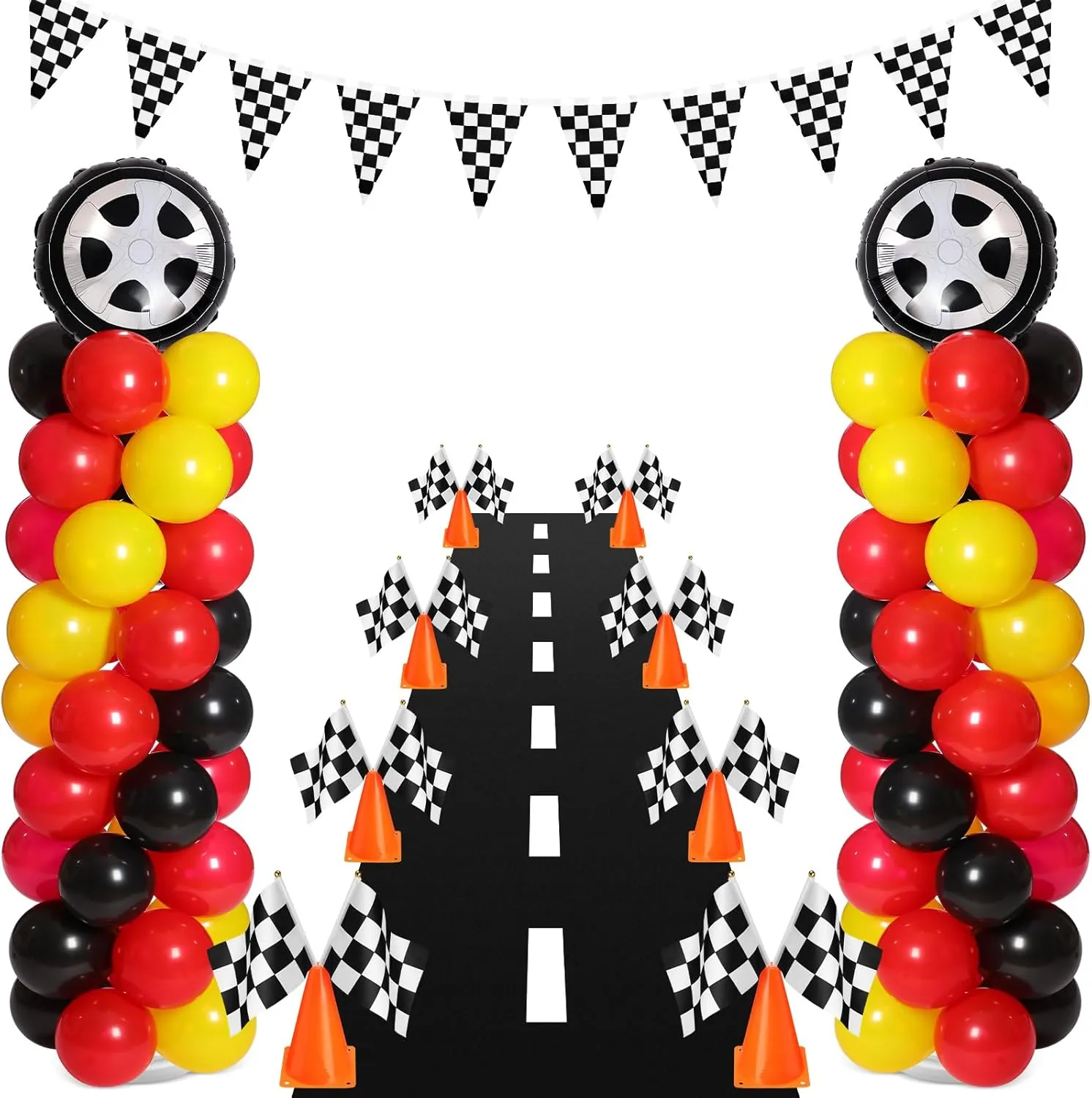 159 Pcs Race Car Birthday Party Decorations Includes 129 Traffic Lights Balloon Stand Set 2 Inflatable Wheel Tire 8 Traffic Cones Racing 16 Waving Flags 1 Grid String Flags 1 Racetrack