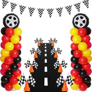 159 Pcs Race Car Birthday Party Decorations Includes 129 Traffic Lights Balloon Stand Set 2 Inflatable Wheel Tire 8 Traffic Cones Racing 16 Waving Flags 1 Grid String Flags 1 Racetrack