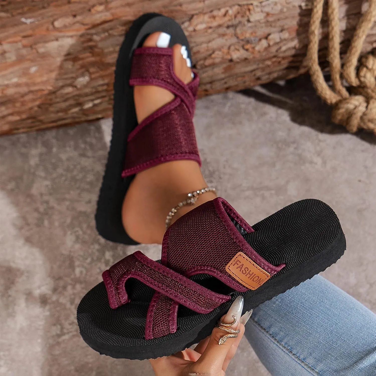 2024 Women's Hollow Mesh Slide Sandals, Summer Fashion Hollow Mesh Slide Sandals with Loop Toe, Casual Lightweight Flat Orthopedic Shoes Peep Toe Slippers(Black,US 8.5)