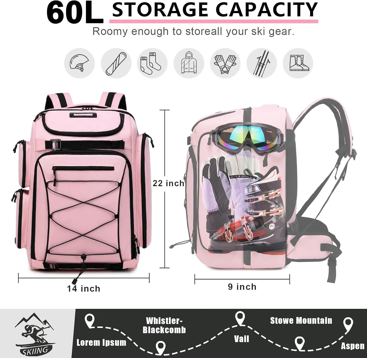 60L Waterproof Ski Boot Backpack - Travel Pack for Snowboard Boots, Skis, Helmet, Goggles, Gloves - Men,Women,Youth