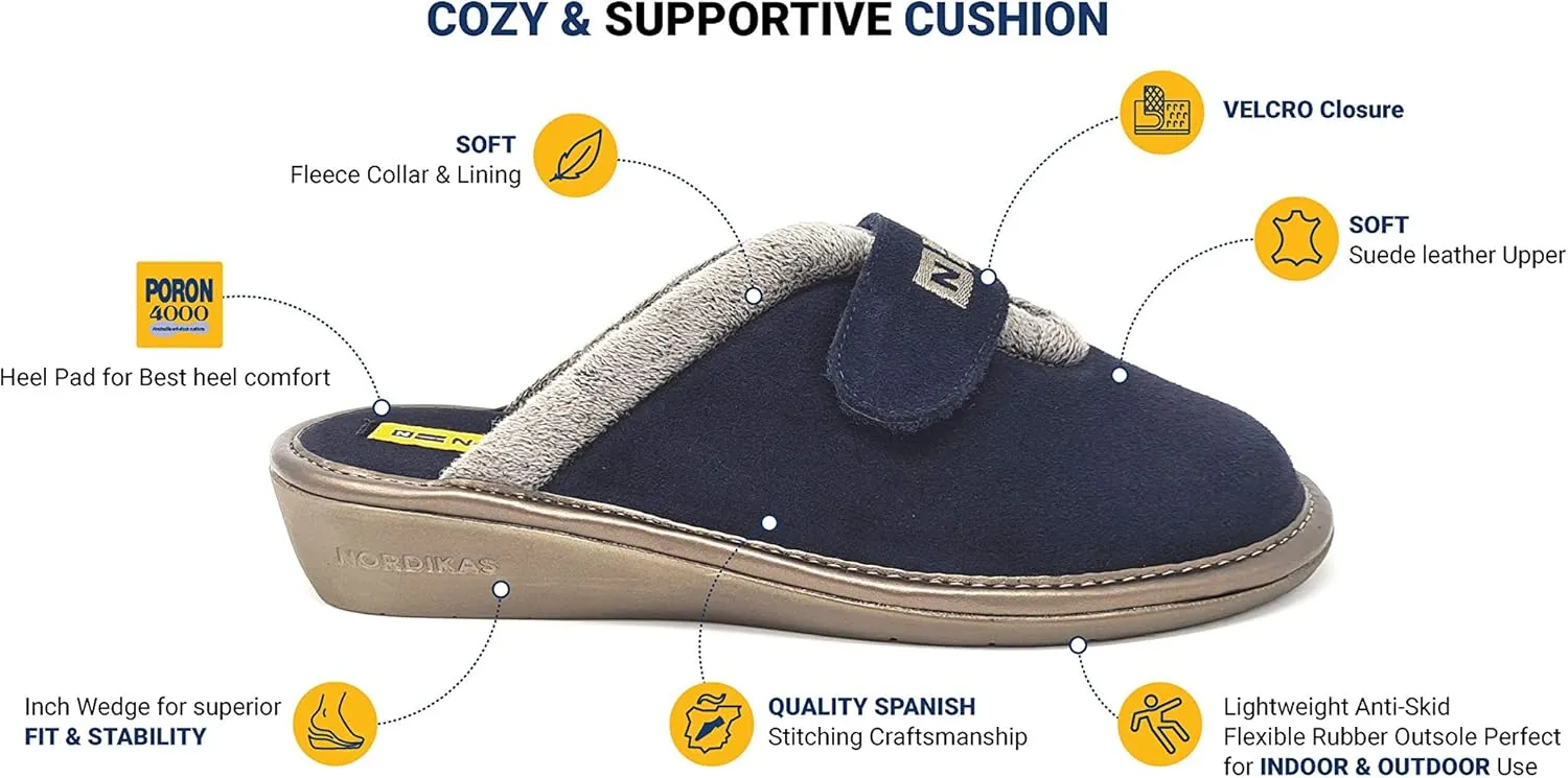 6347 Women's Comfy Slip-On Slide Slippers, Genuine Suede Fuzzy Wool-Like Plush Fleece Lined Clog, Relaxed Fit House Shoes, Indoor/Outdoor, Made in Spain