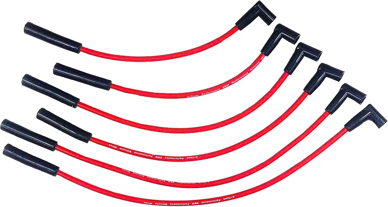 A-Team Performance - 8.0 mm Red Silicone Spark Plug Straight Boot 6 Wires, Coil-in-Cap HEI Design System - Compatible With AMC/JEEP 199, 232, 252, 258, 282