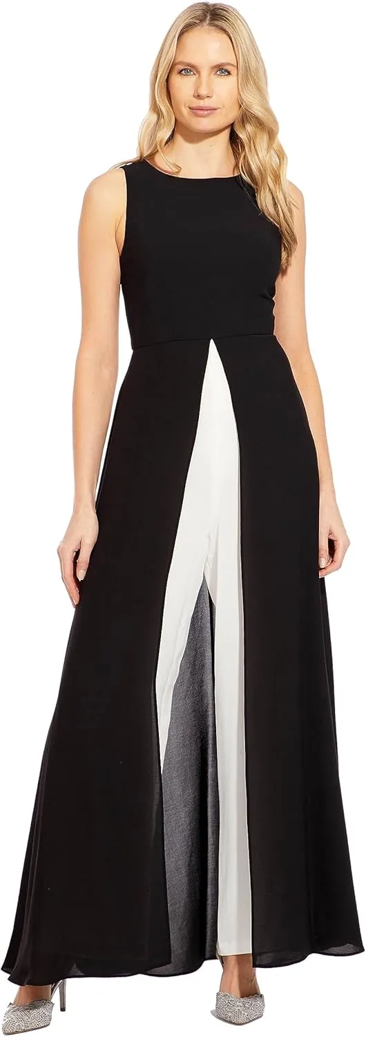 Adrianna Papell Women's Crepe Overlay Jumpsuit, Black/Ivory, 2