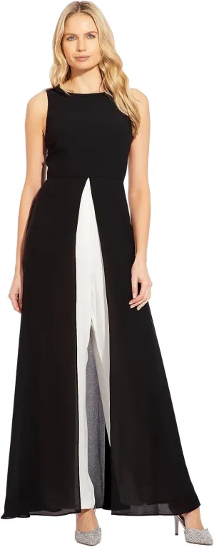 Adrianna Papell Women's Crepe Overlay Jumpsuit, Black/Ivory, 2