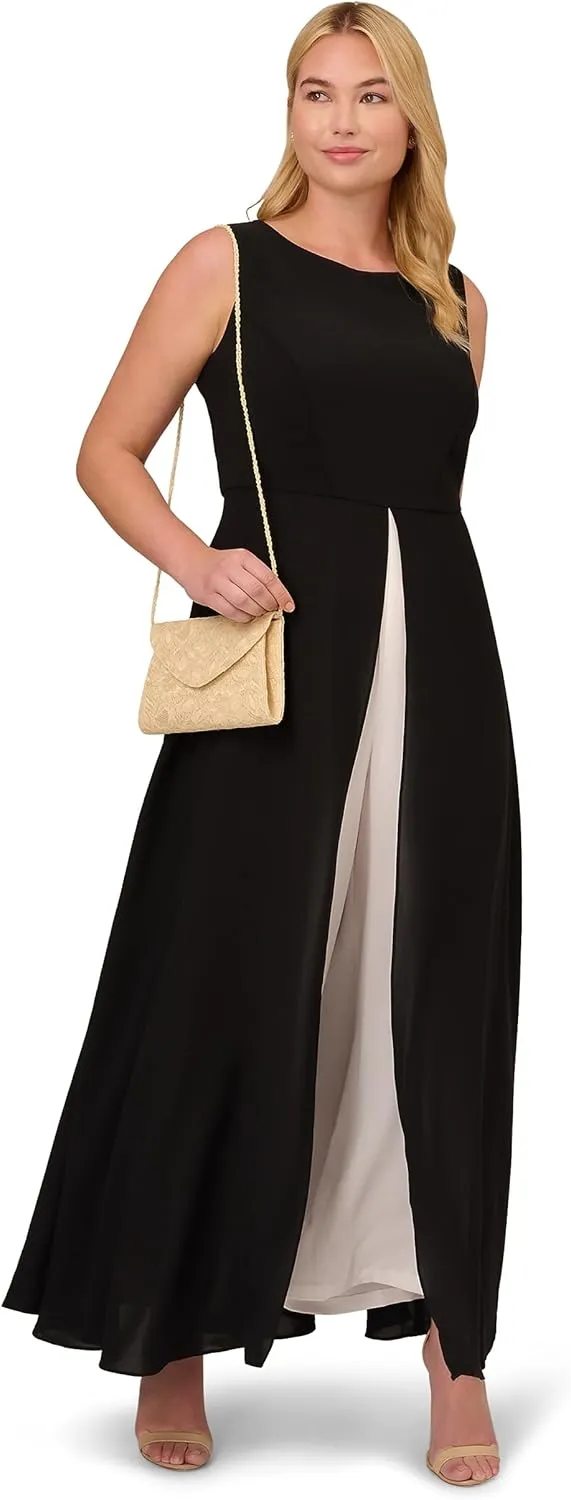 Adrianna Papell Women's Crepe Overlay Jumpsuit, Black/Ivory, 2