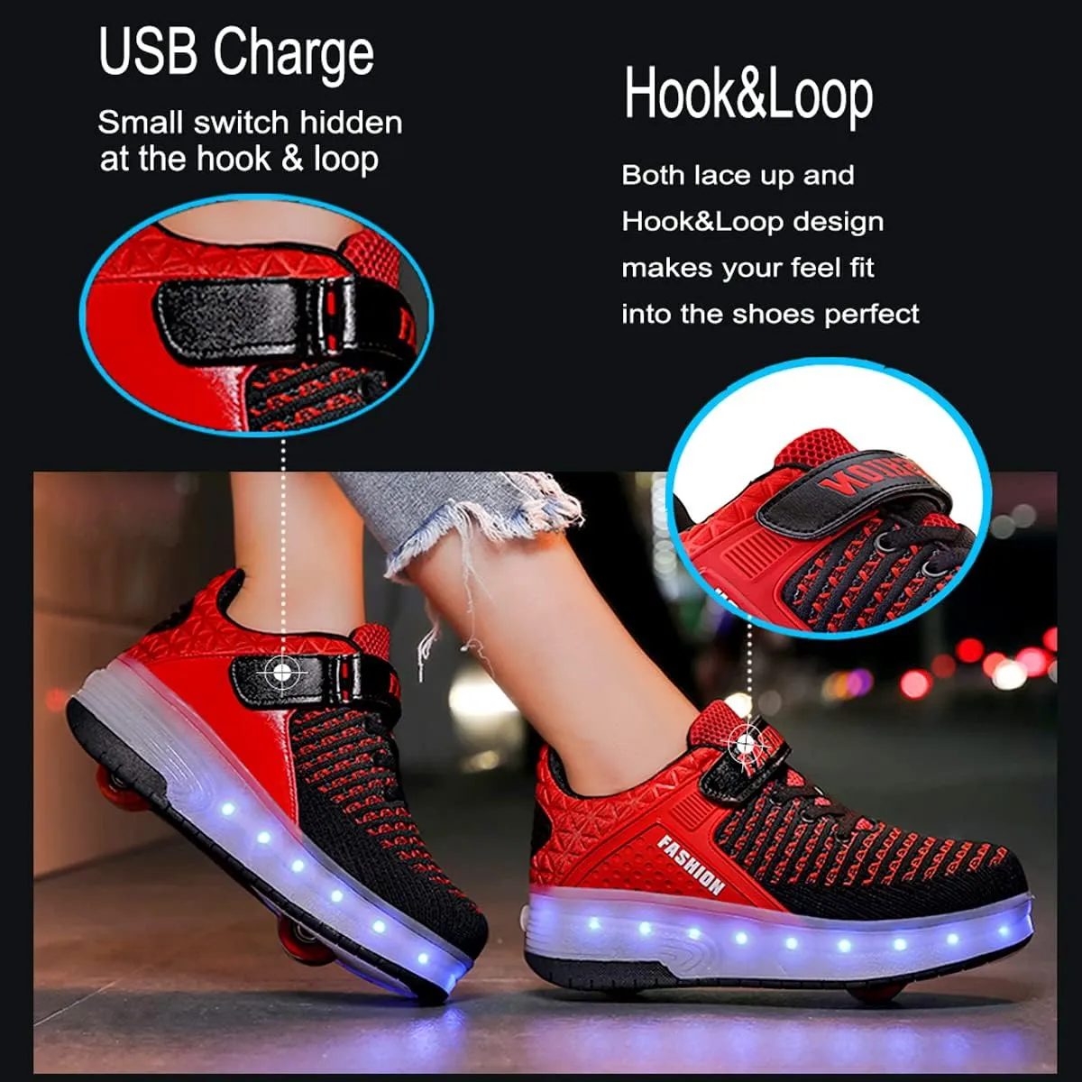 Aikuass USB Chargable LED Light Up Roller Shoes Wheeled Skate Sneaker Shoes for Boys Girls Kids