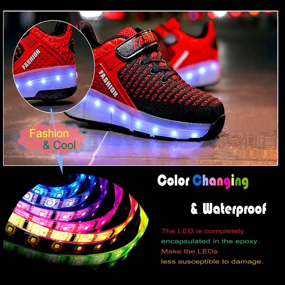 Aikuass USB Chargable LED Light Up Roller Shoes Wheeled Skate Sneaker Shoes for Boys Girls Kids