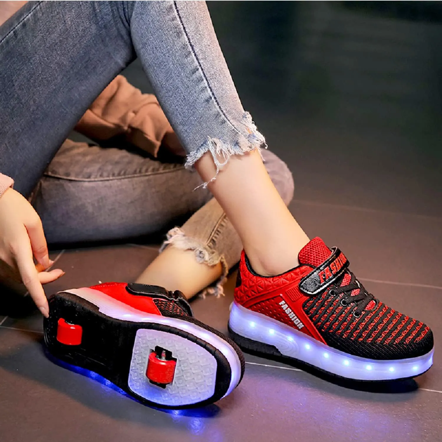 Aikuass USB Chargable LED Light Up Roller Shoes Wheeled Skate Sneaker Shoes for Boys Girls Kids