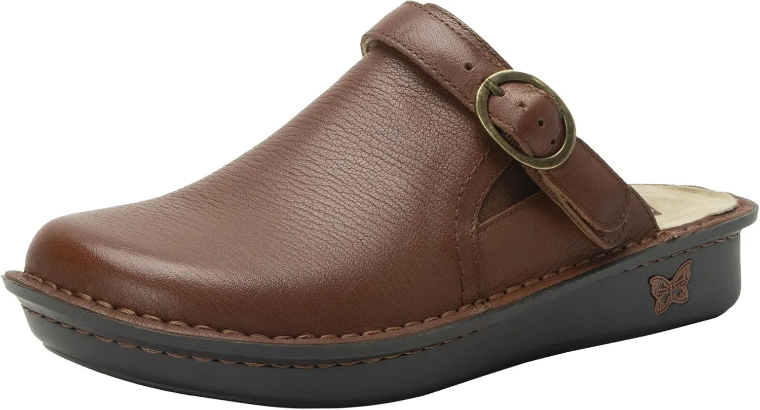 Alegria Women's Bryn Open Back Leather Slide with Ankle Strap