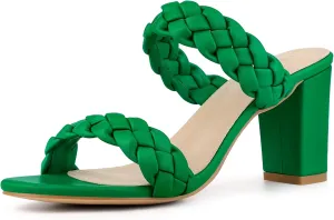 Allegra K Women's Braided Heeled Slip on Chunky Heel Slide Sandals