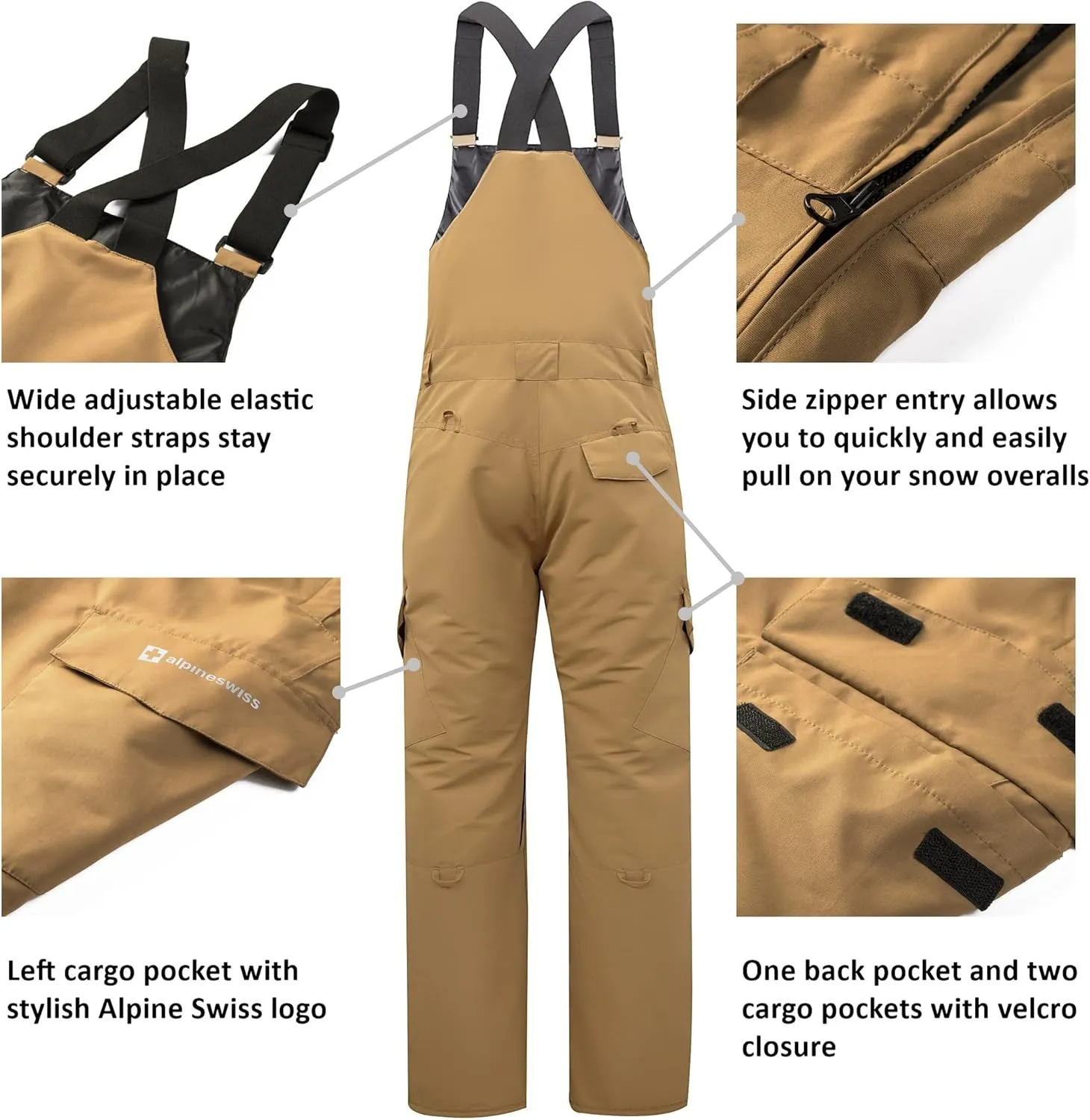 Alpine Swiss Men’s Insulated Snow Bib Overalls Waterproof Winter Ski & Snowboard Pants with enhanced technical features