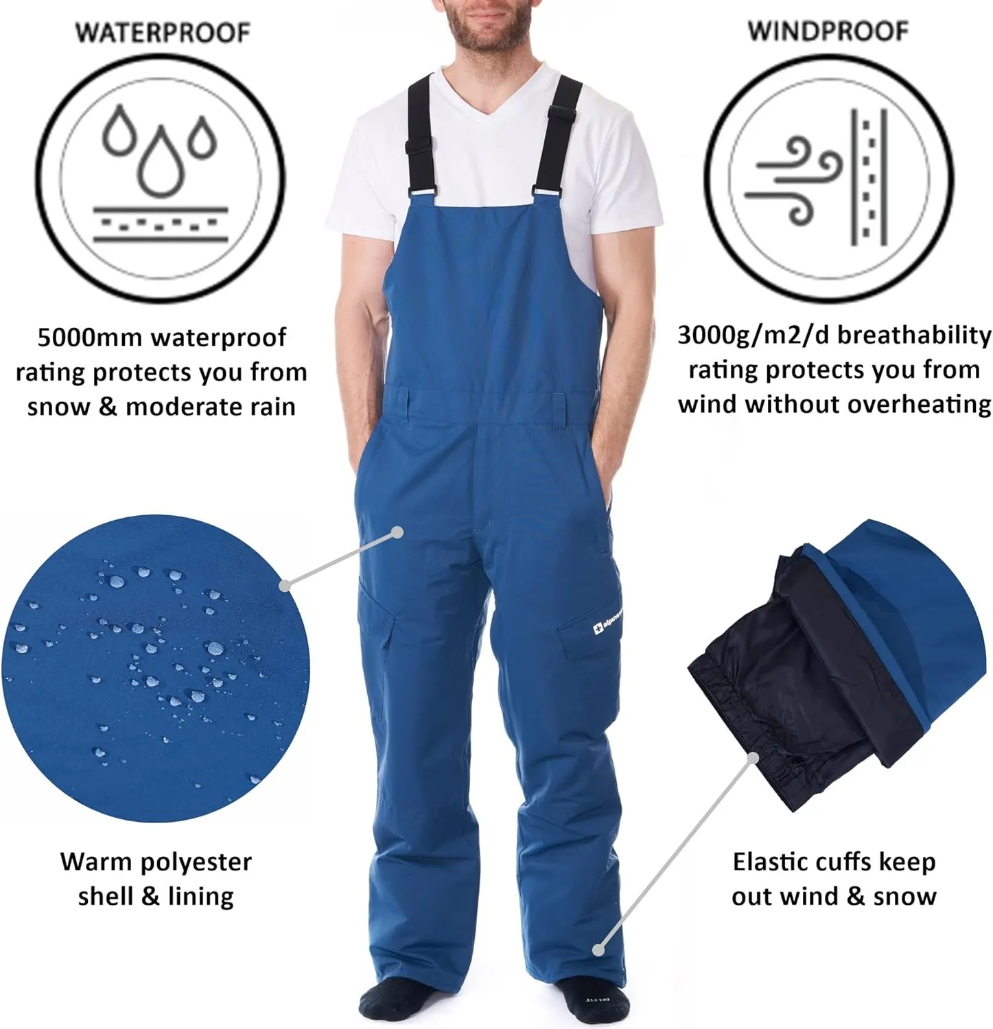 Alpine Swiss Men’s Insulated Snow Bib Overalls Waterproof Winter Ski & Snowboard Pants with enhanced technical features