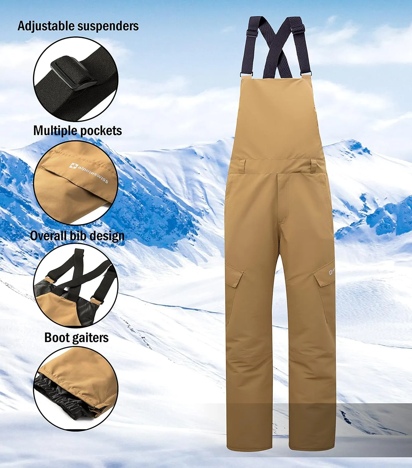 Alpine Swiss Men’s Insulated Snow Bib Overalls Waterproof Winter Ski & Snowboard Pants with enhanced technical features