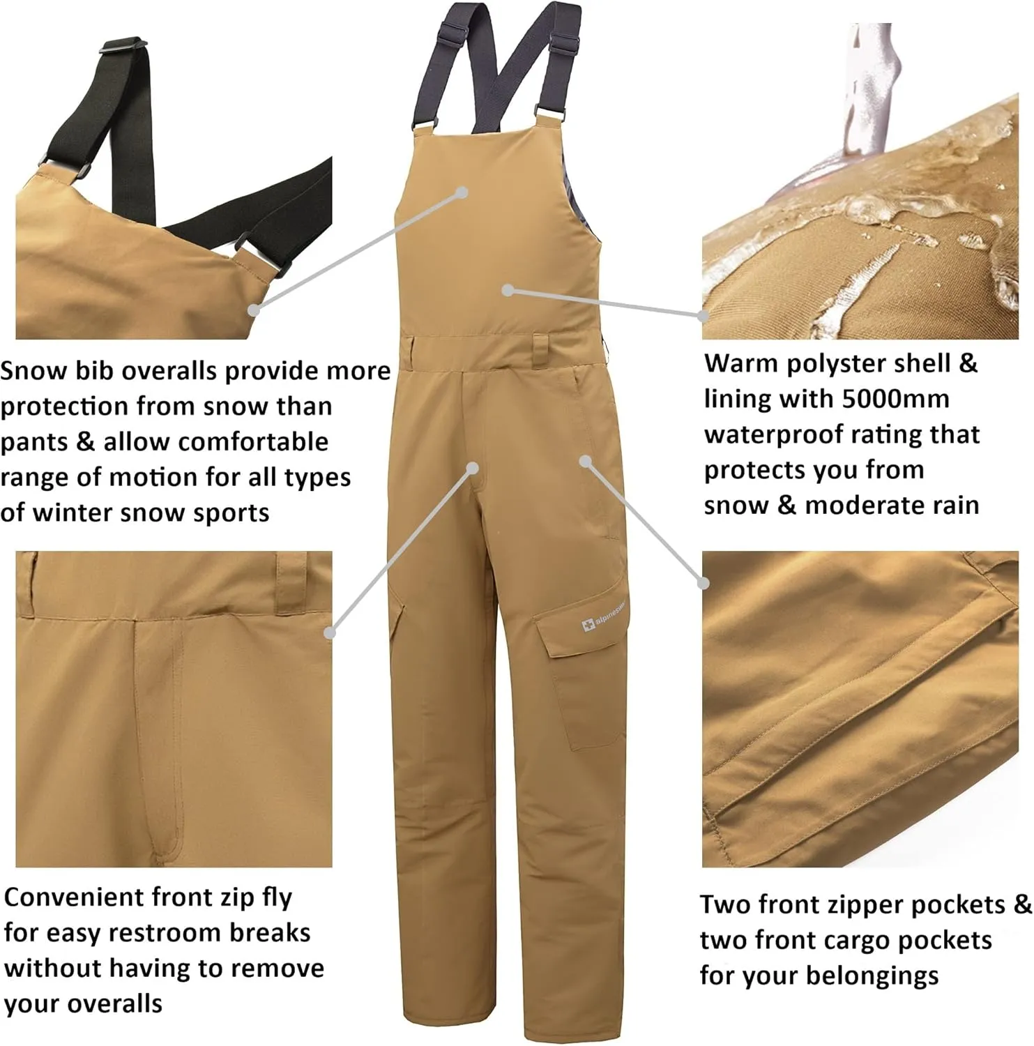 Alpine Swiss Men’s Insulated Snow Bib Overalls Waterproof Winter Ski & Snowboard Pants with enhanced technical features