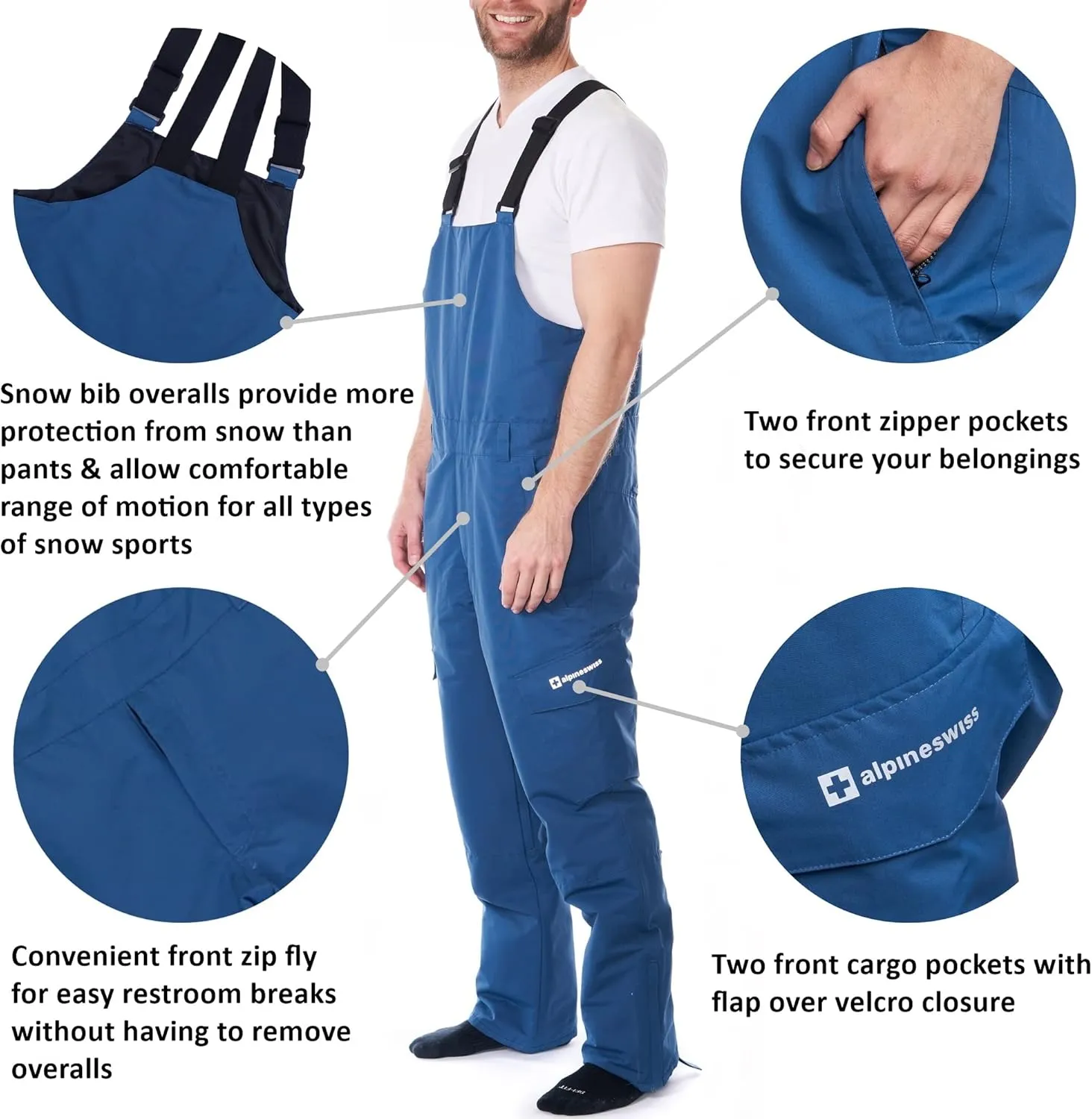 Alpine Swiss Men’s Insulated Snow Bib Overalls Waterproof Winter Ski & Snowboard Pants with enhanced technical features