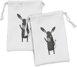 Ambesonne Donkey Fabric Pouch Set of 2, Comic Happy Donkey with a Funny Smile on His Face Cartoon Mule, Small Drawstring Bag for Toiletries Masks and Favors, 9" x 6", Charcoal Grey Pale Grey