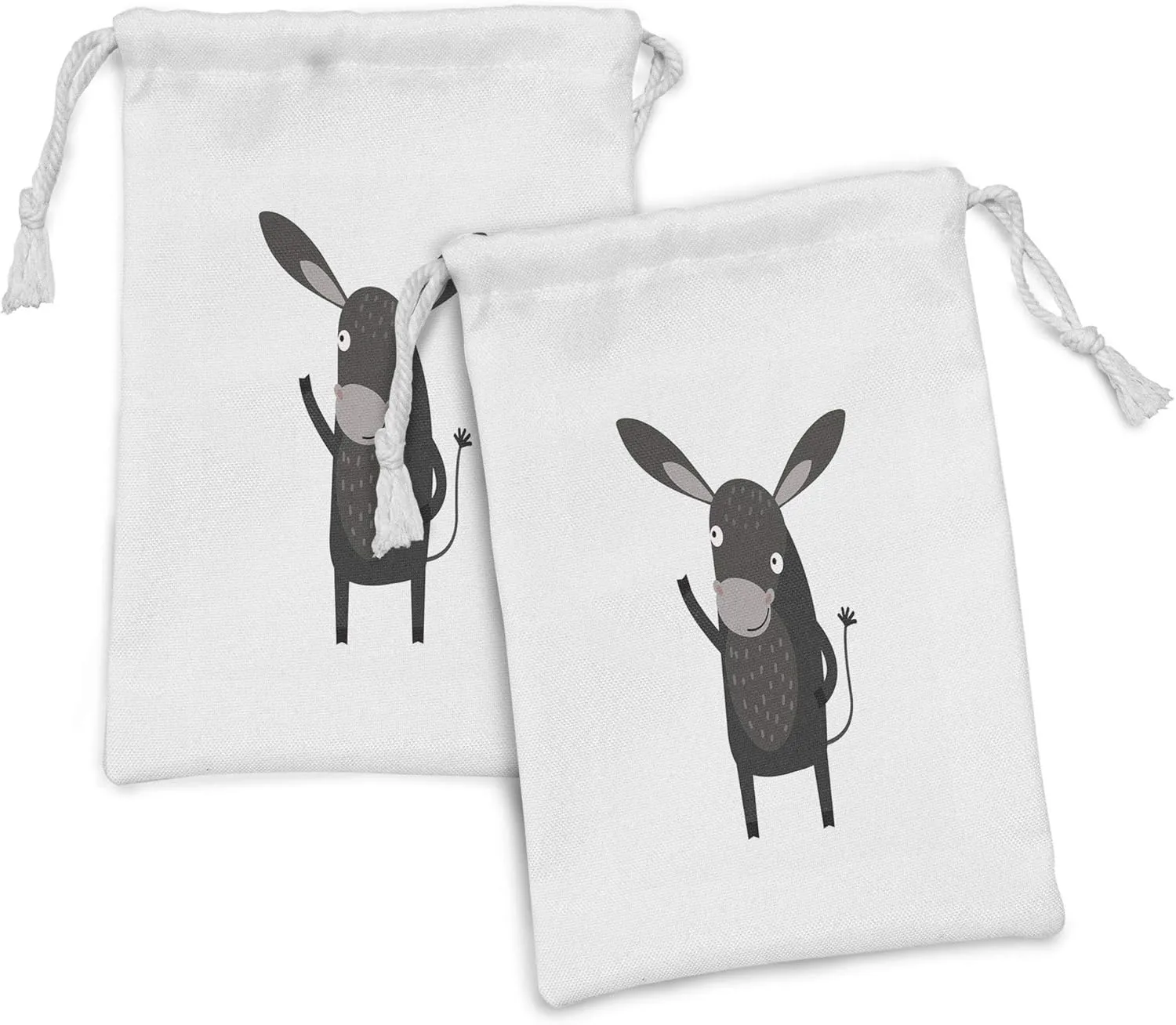 Ambesonne Donkey Fabric Pouch Set of 2, Comic Happy Donkey with a Funny Smile on His Face Cartoon Mule, Small Drawstring Bag for Toiletries Masks and Favors, 9" x 6", Charcoal Grey Pale Grey