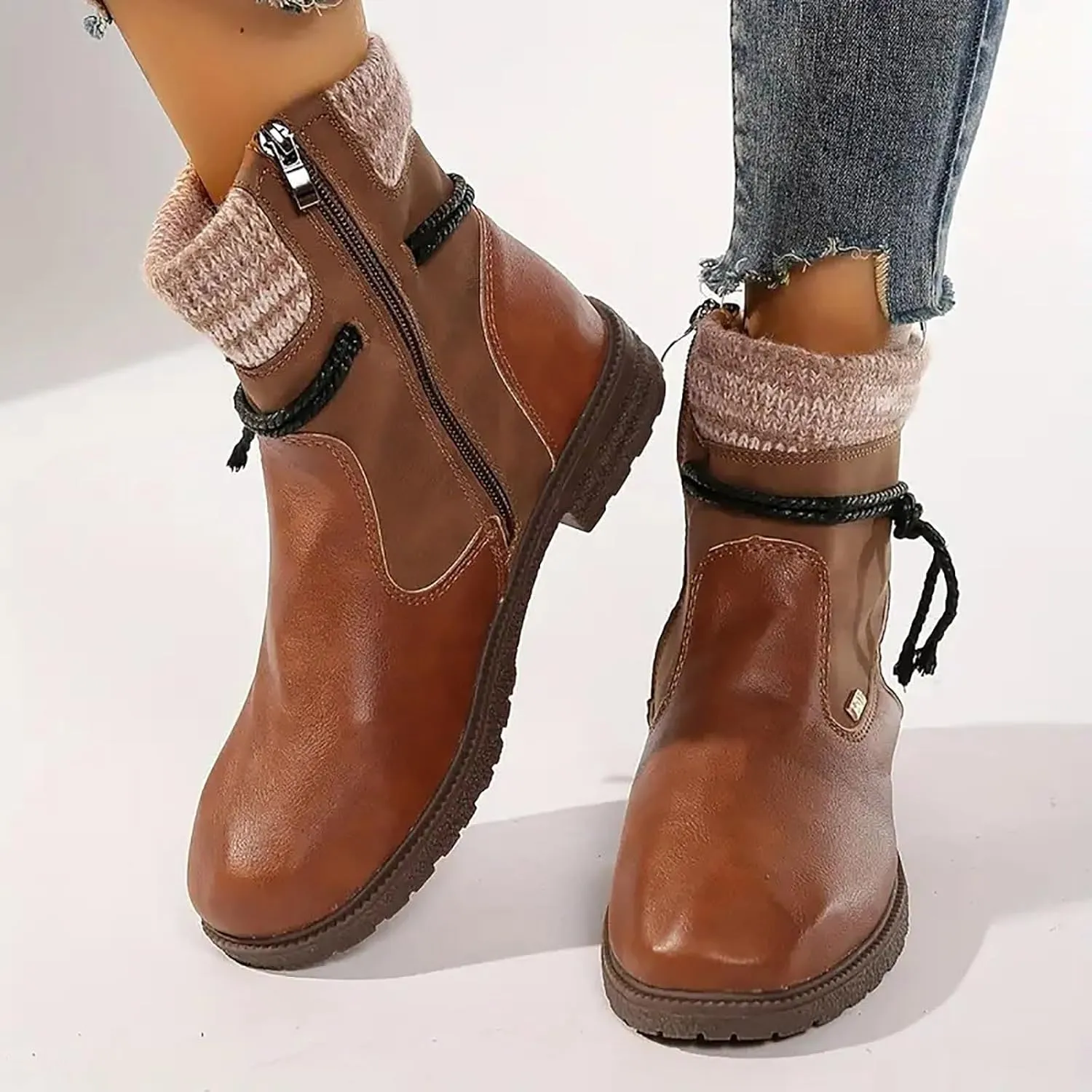 AMDBEL Mid Calf Boots for Women Low Heel Fall Boots for Women 2024 Winter Vintage Zipper Ankle Boots Leather Booties Shoes