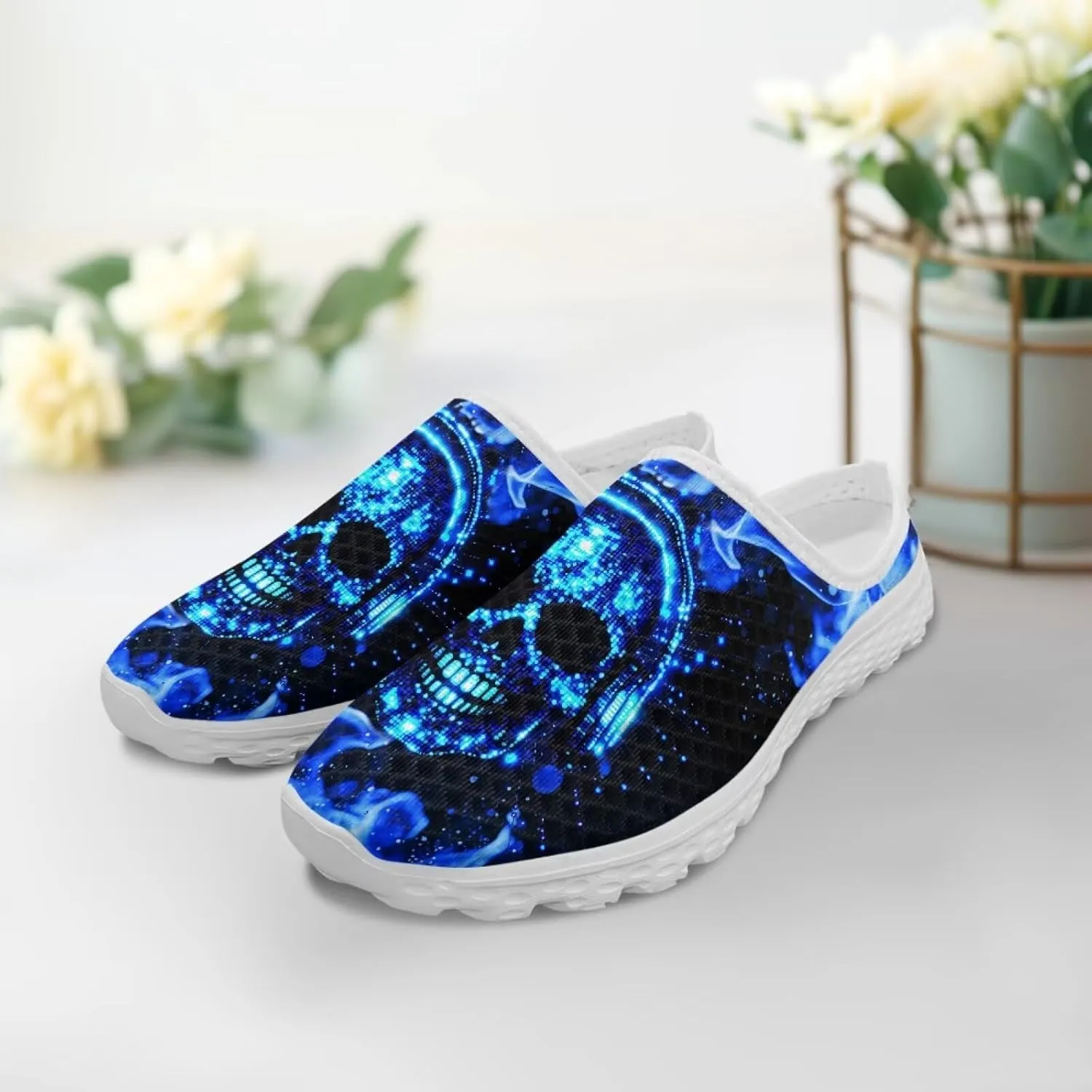 Art Skull Design Women Mesh Mules Memory Foam Flat Anti-Slip Fashion Sneakers Comfortable Slip-On Mule Garden Shoes