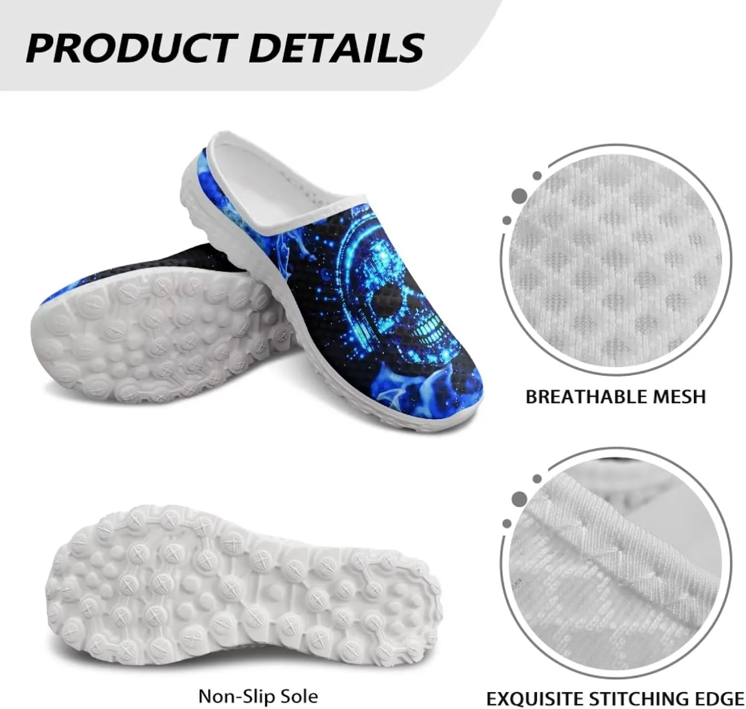 Art Skull Design Women Mesh Mules Memory Foam Flat Anti-Slip Fashion Sneakers Comfortable Slip-On Mule Garden Shoes