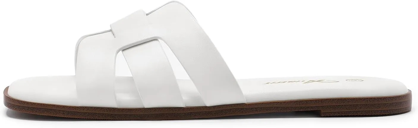 Athlefit Women's Flat Sandals Dressy Summer Square Open Toe Slip On Leather Slide Sandals