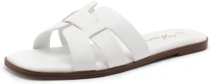 Athlefit Women's Flat Sandals Dressy Summer Square Open Toe Slip On Leather Slide Sandals