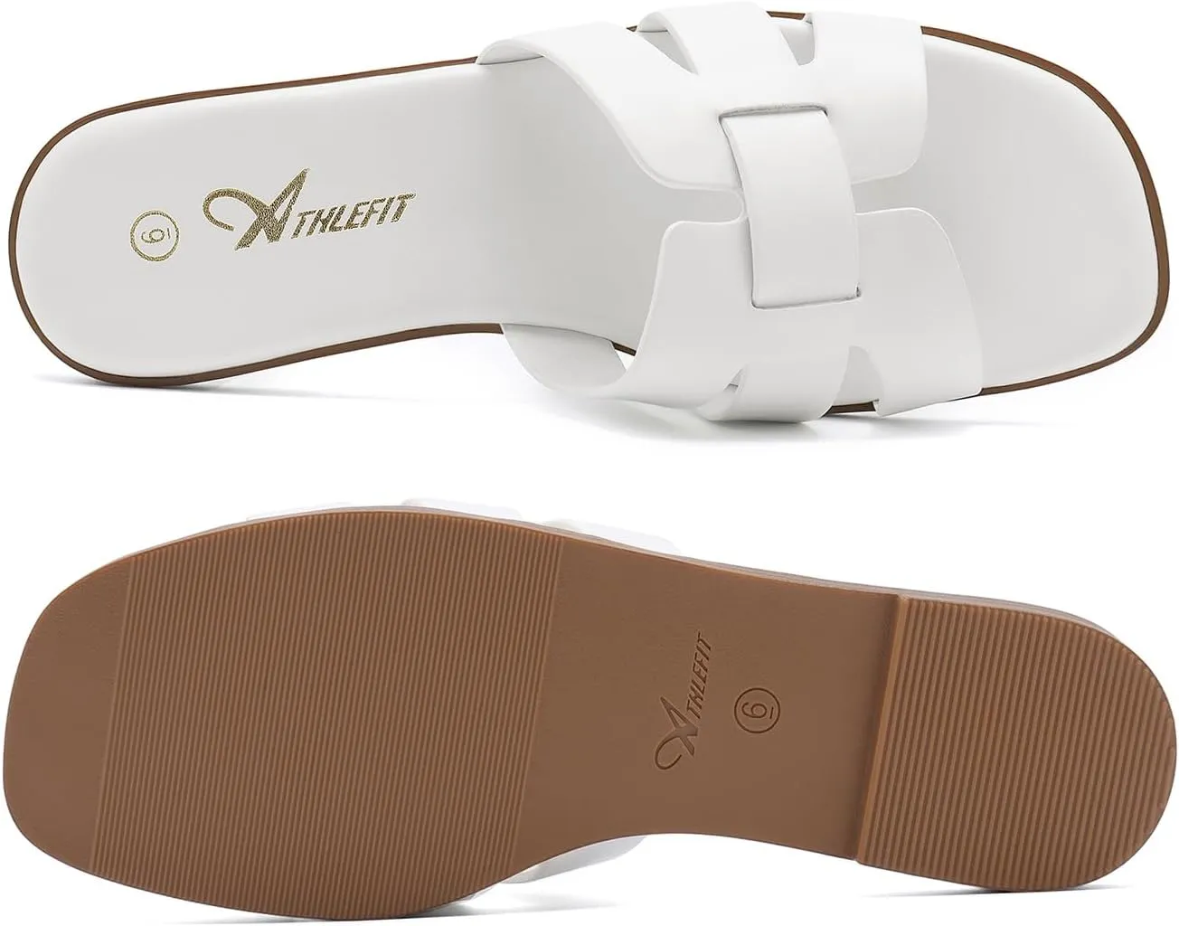 Athlefit Women's Flat Sandals Dressy Summer Square Open Toe Slip On Leather Slide Sandals