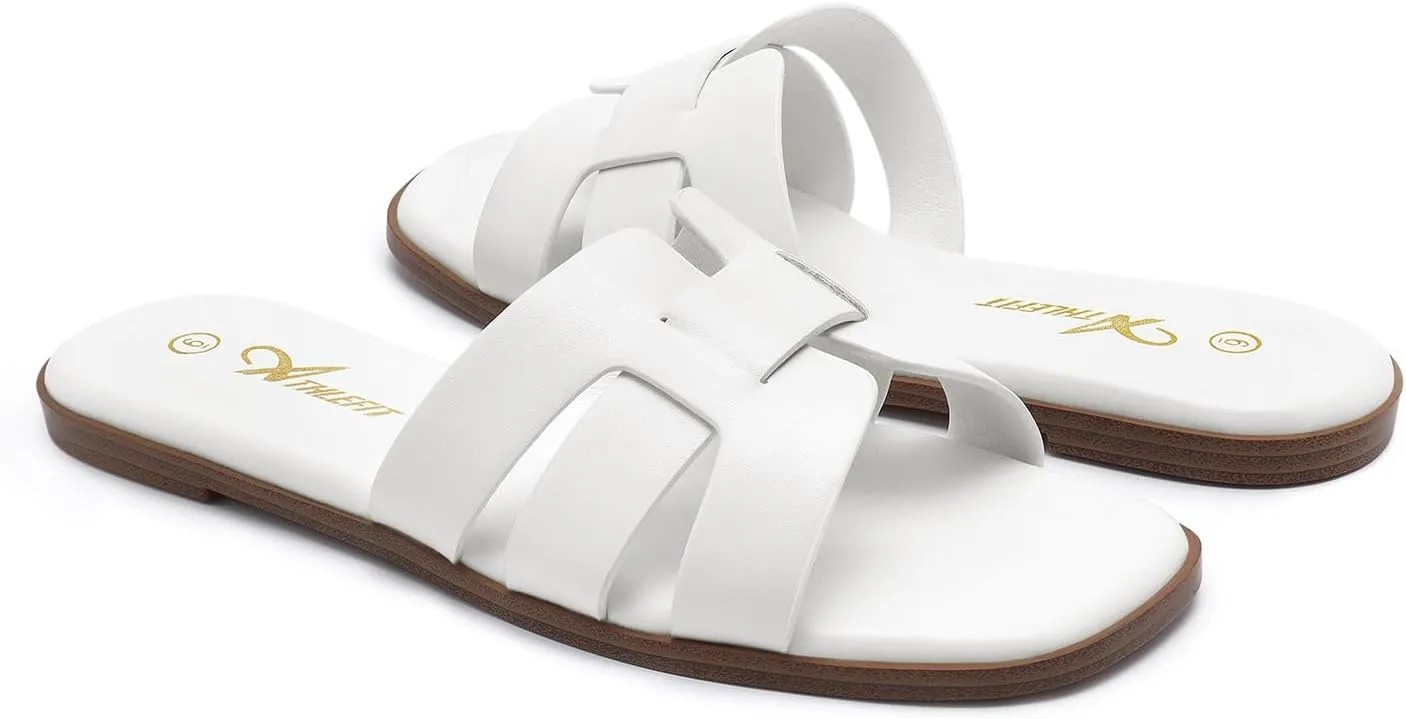 Athlefit Women's Flat Sandals Dressy Summer Square Open Toe Slip On Leather Slide Sandals