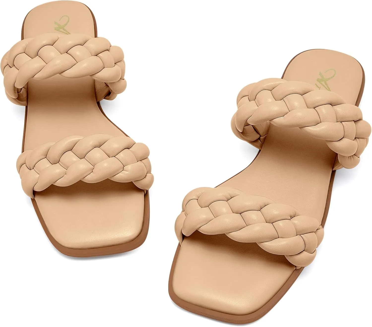 Athlefit Women's Square Open Toe Braided Sandals Slip On Low Block Heel Slide Sandals