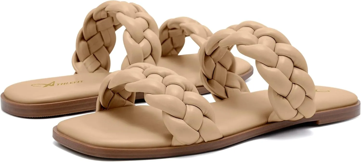 Athlefit Women's Square Open Toe Braided Sandals Slip On Low Block Heel Slide Sandals