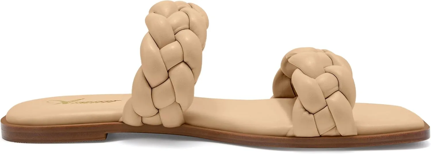 Athlefit Women's Square Open Toe Braided Sandals Slip On Low Block Heel Slide Sandals