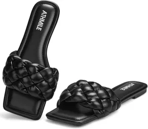 ATHMILE Braided Womens Sandals Square Open Toe Fashion Slide Sandals Women Dressy Summer Flat Beach 2025 Size 6-11