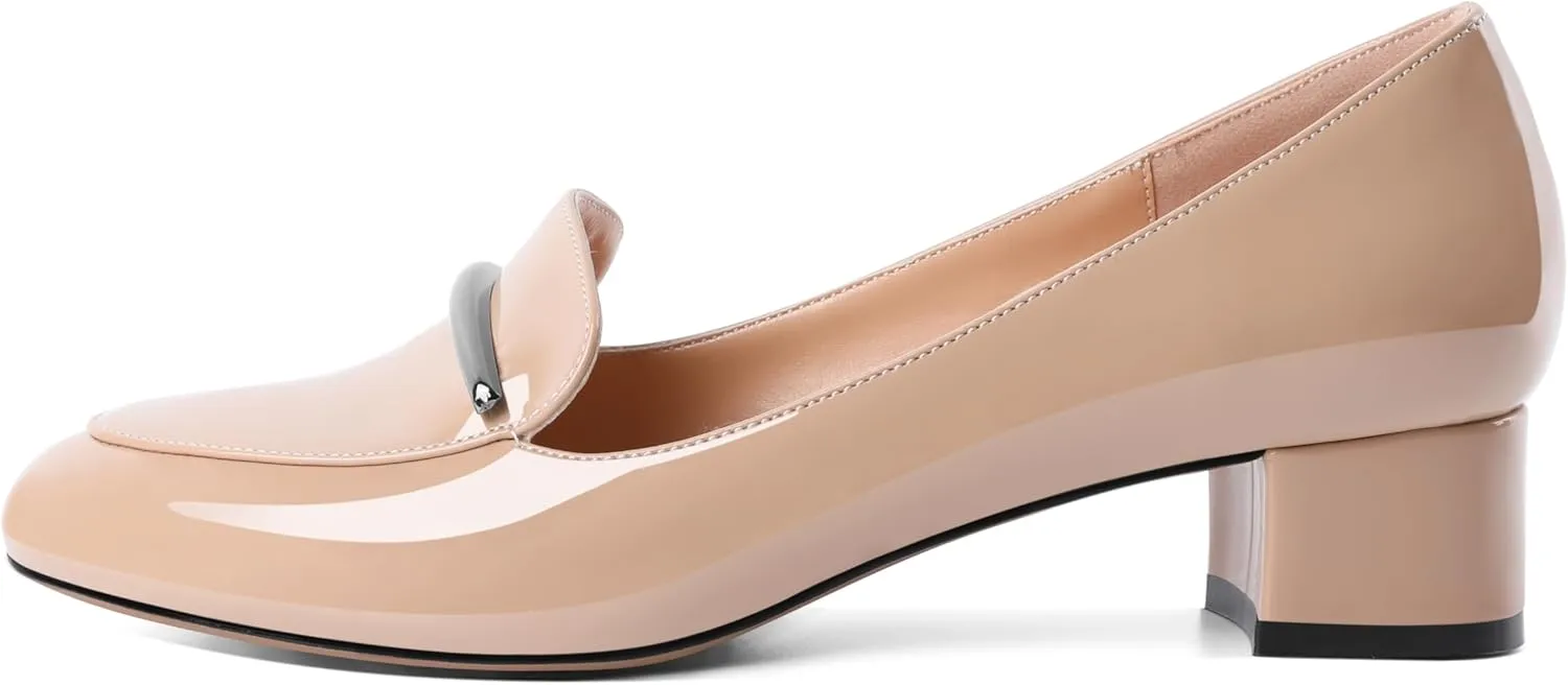 AUMOTED Women Low Block Chunky Heel Pumps Round Toe Slip On 1.5" Closed Toe Loafer Heels Chunky Office Dress Shoes