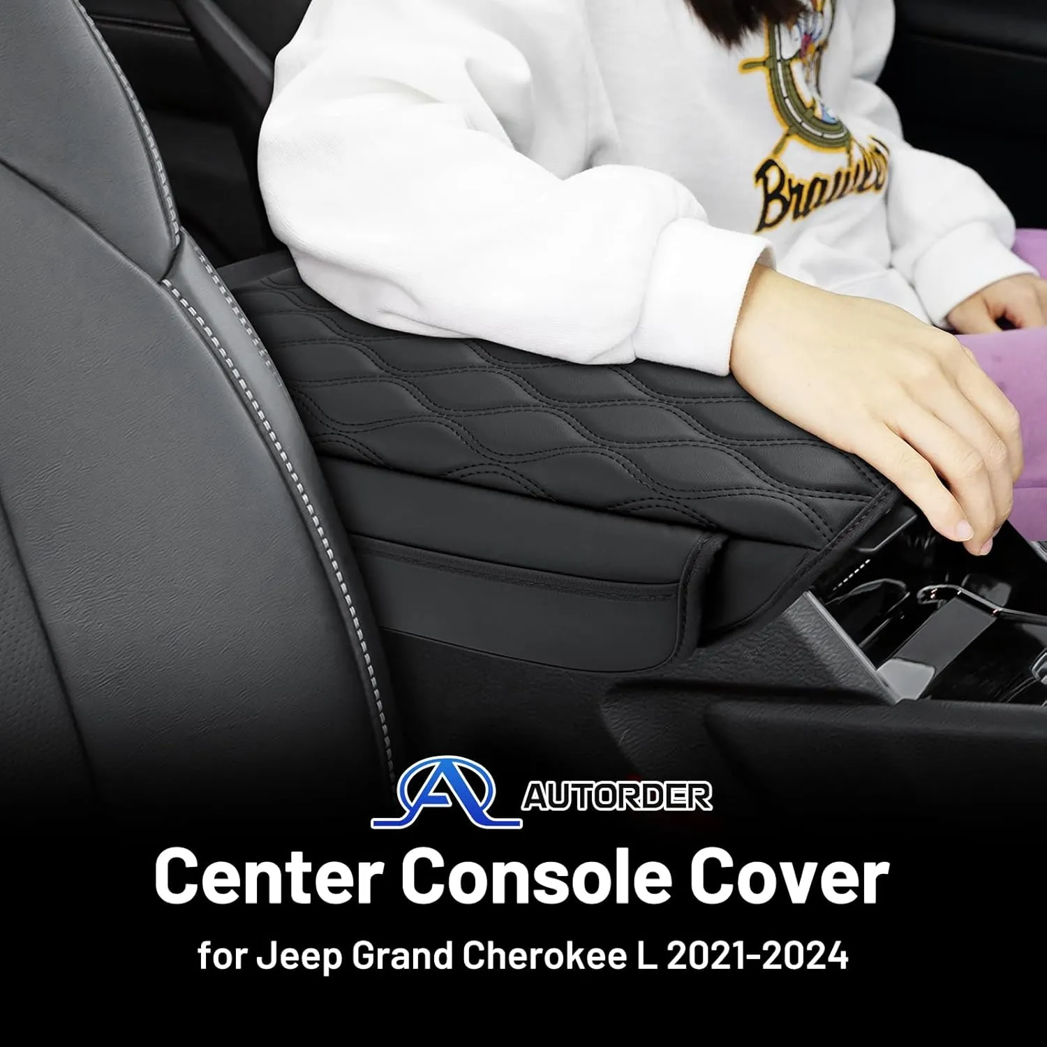 Autorder Center Console Cover for 2021-2024 2025 Jeep Grand Cherokee L Accessories Armrest Cushion Cover Nappa Leather Middle Console Covers Grand Cherokee L Console Cushion Pad Anti-Scratch