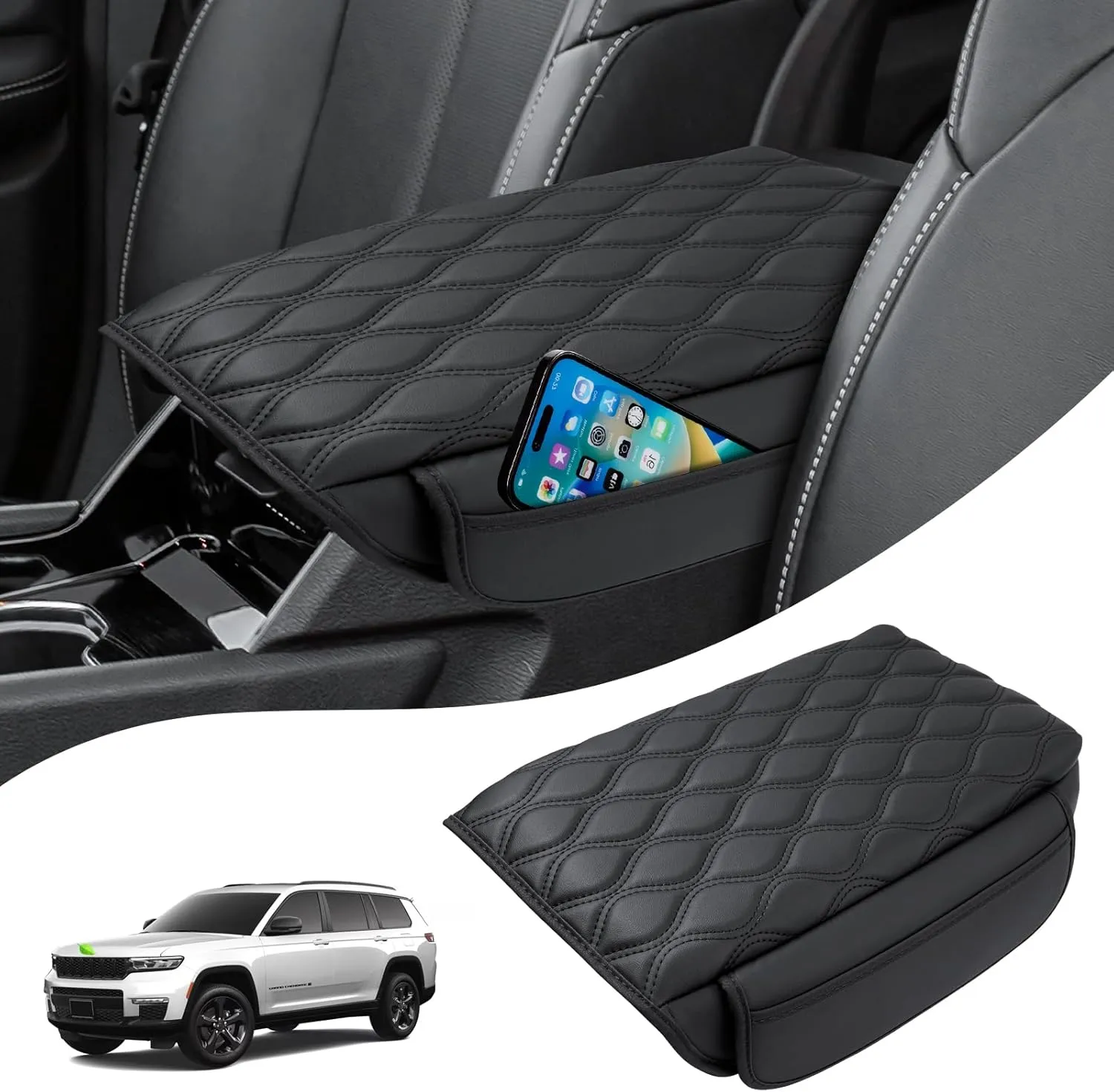 Autorder Center Console Cover for 2021-2024 2025 Jeep Grand Cherokee L Accessories Armrest Cushion Cover Nappa Leather Middle Console Covers Grand Cherokee L Console Cushion Pad Anti-Scratch