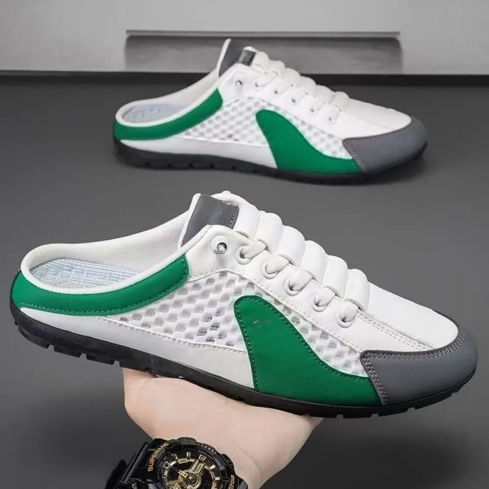 Backless Tennis Shoes for Men Wide Mule Sneakers Slip on House Slippers Platform Lace Up Mesh Breathable Lightweight Casual Walking Slides Office Business Casual Sport Shoes Running Travel Driving