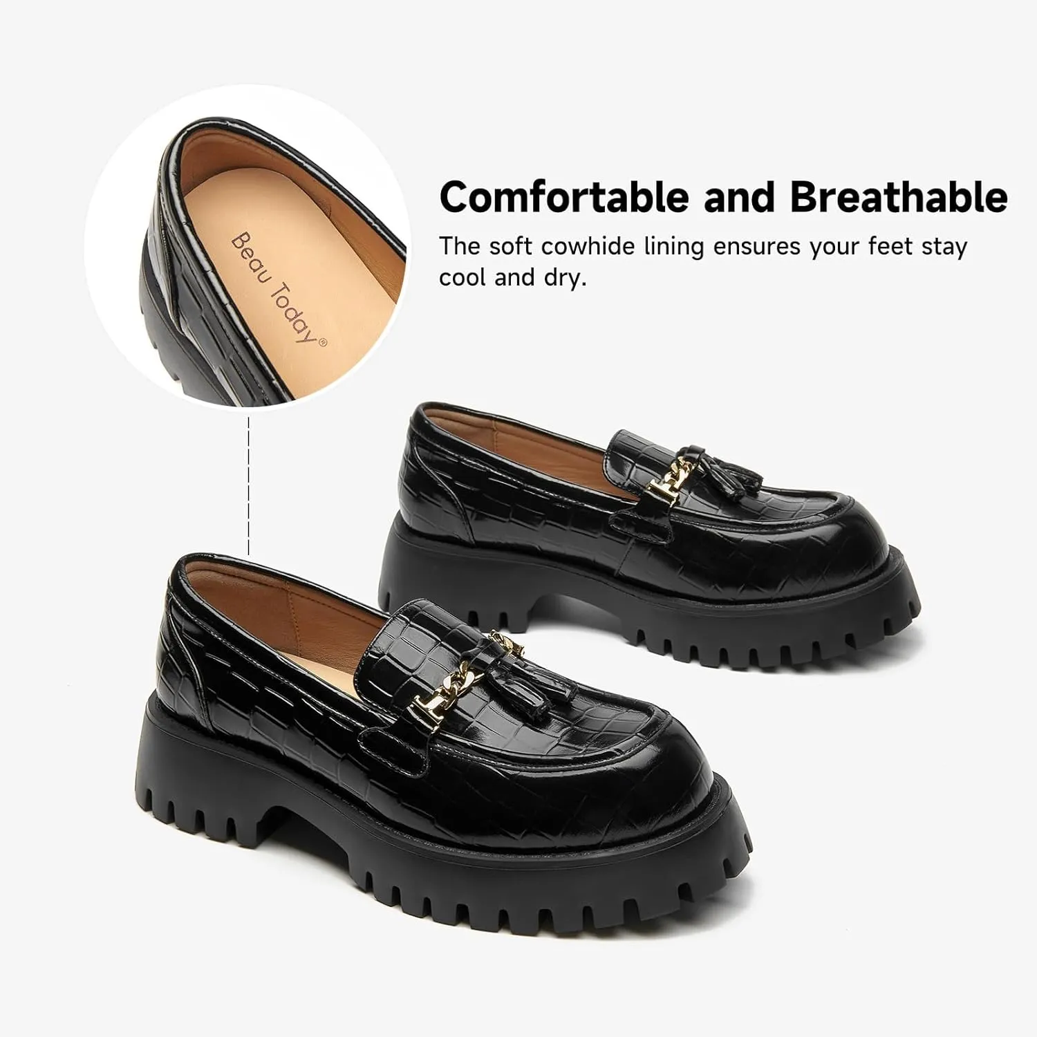 BEAU TODAY Chunky Loafers for Women,Womens Platform Loafer Shoes,Chunky Heel Lug Sole Slip-on Metal Chain Shoes,Comfort Round Toe Business Work Office Shoes