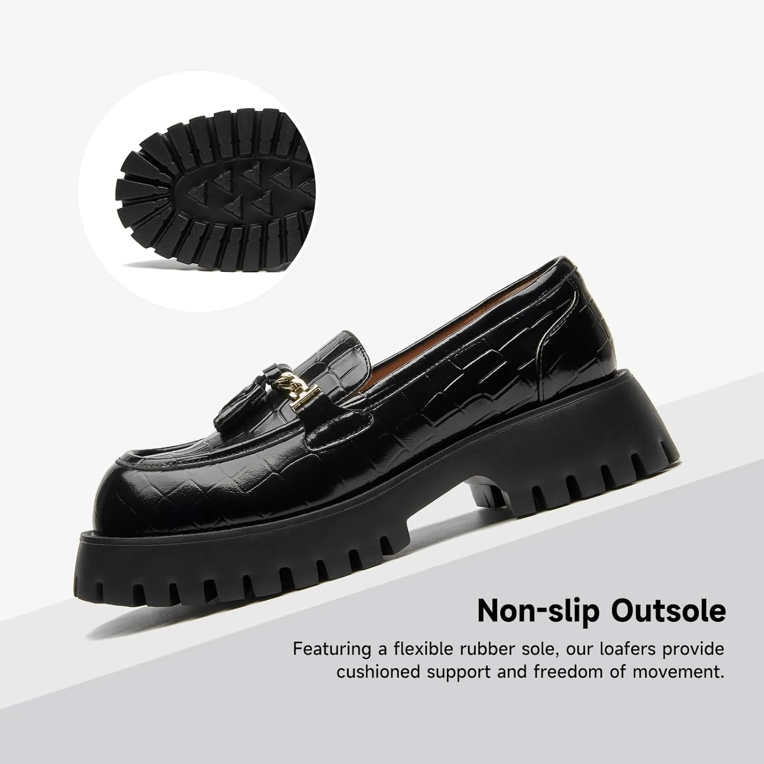 BEAU TODAY Chunky Loafers for Women,Womens Platform Loafer Shoes,Chunky Heel Lug Sole Slip-on Metal Chain Shoes,Comfort Round Toe Business Work Office Shoes