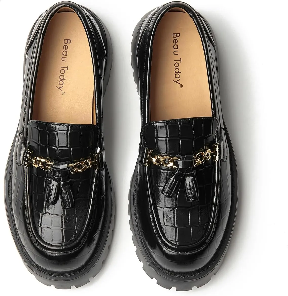 BEAU TODAY Chunky Loafers for Women,Womens Platform Loafer Shoes,Chunky Heel Lug Sole Slip-on Metal Chain Shoes,Comfort Round Toe Business Work Office Shoes