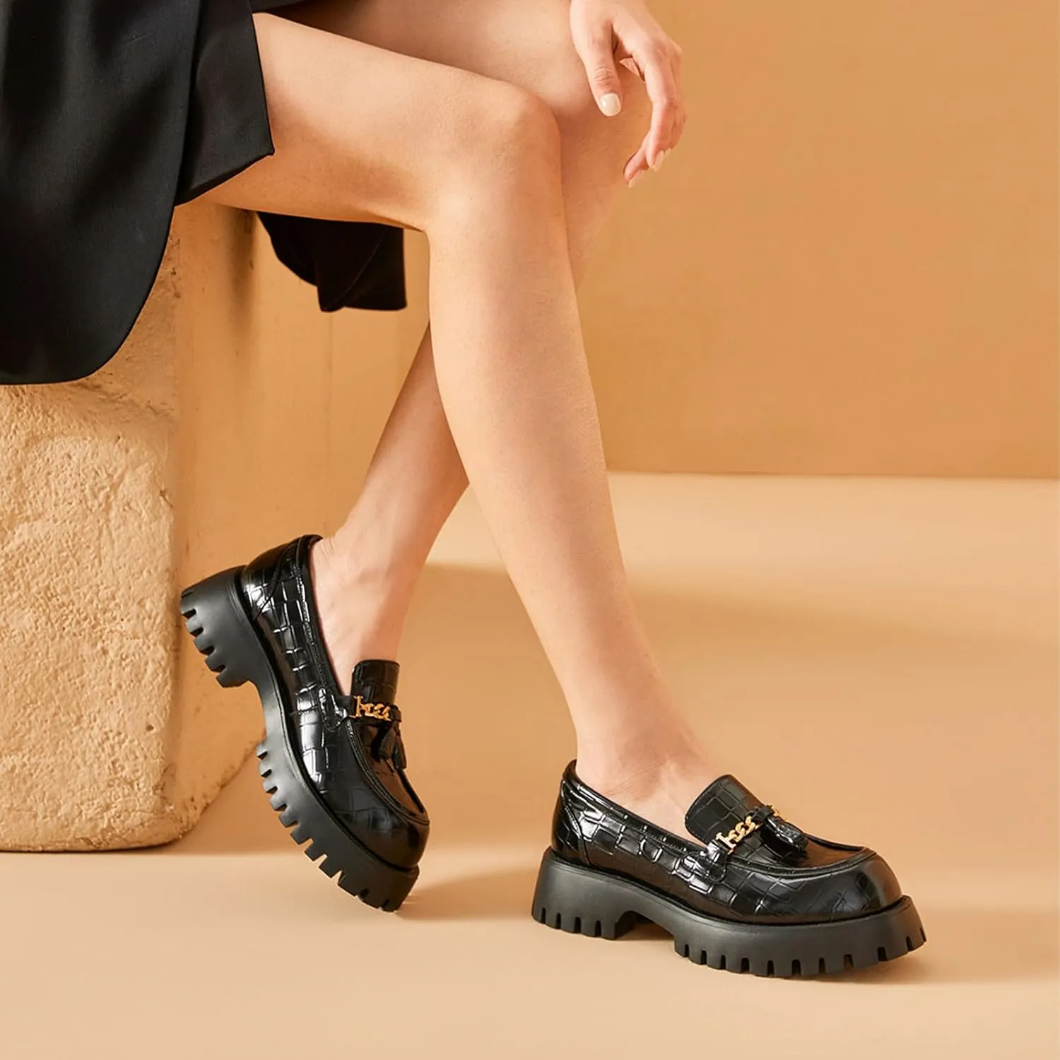 BEAU TODAY Chunky Loafers for Women,Womens Platform Loafer Shoes,Chunky Heel Lug Sole Slip-on Metal Chain Shoes,Comfort Round Toe Business Work Office Shoes