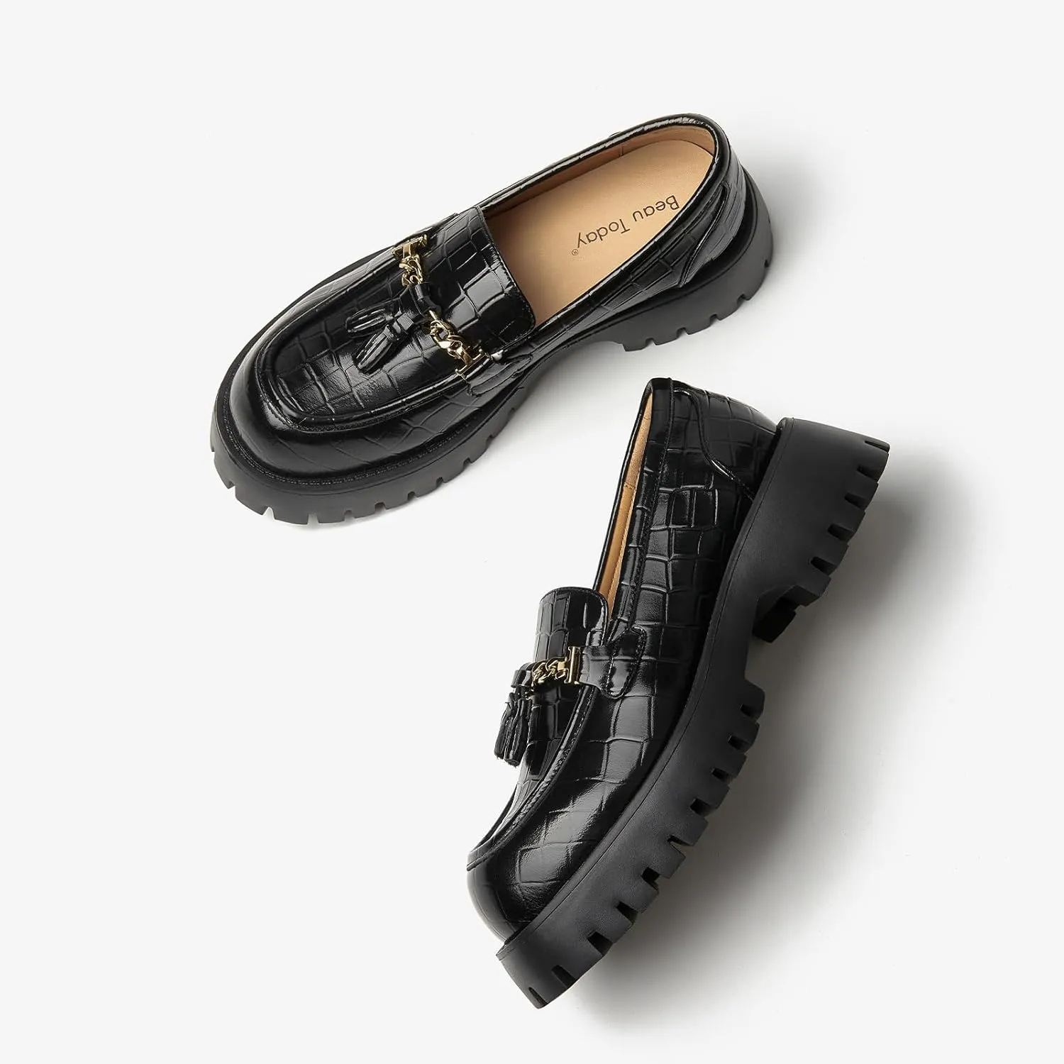 BEAU TODAY Chunky Loafers for Women,Womens Platform Loafer Shoes,Chunky Heel Lug Sole Slip-on Metal Chain Shoes,Comfort Round Toe Business Work Office Shoes
