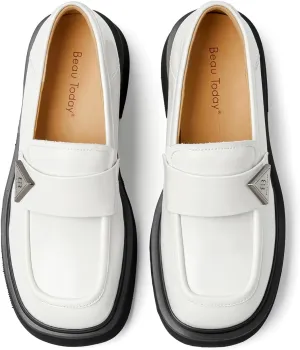 BEAU TODAY Chunky Loafers Women,Patent Full Grain Leather Loafers for Women,Comfortable Slip-on Fashion Platform Shoes, Non Slip Business Casual Work Office Square Toe Dress Shoes