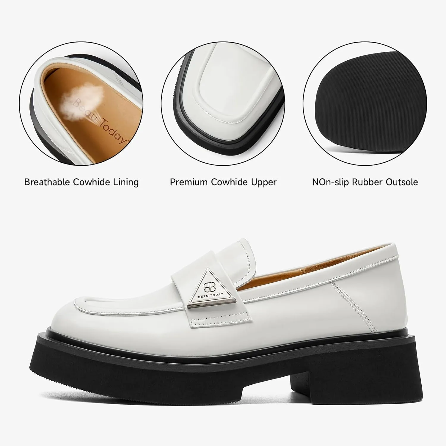 BEAU TODAY Chunky Loafers Women,Patent Full Grain Leather Loafers for Women,Comfortable Slip-on Fashion Platform Shoes, Non Slip Business Casual Work Office Square Toe Dress Shoes