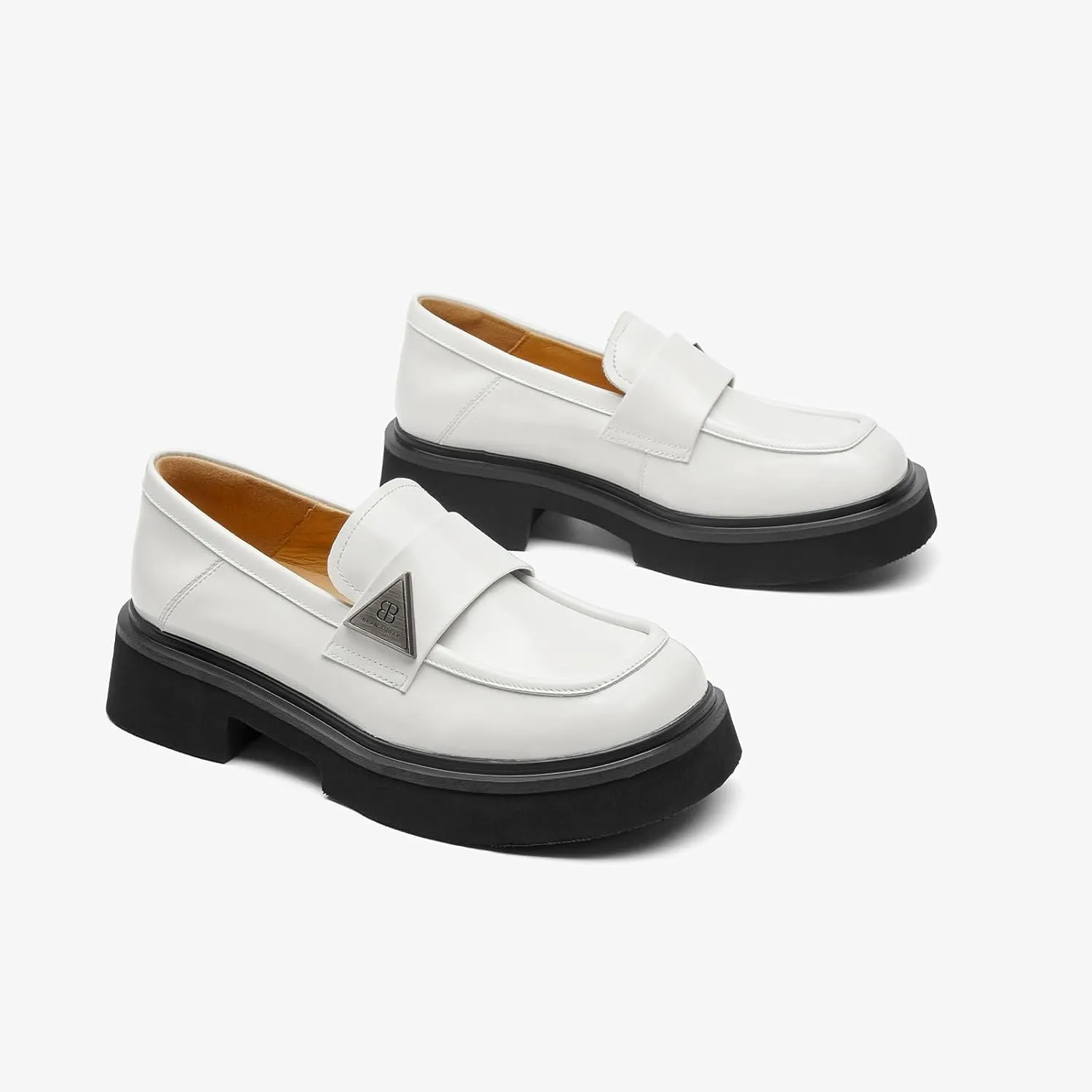 BEAU TODAY Chunky Loafers Women,Patent Full Grain Leather Loafers for Women,Comfortable Slip-on Fashion Platform Shoes, Non Slip Business Casual Work Office Square Toe Dress Shoes