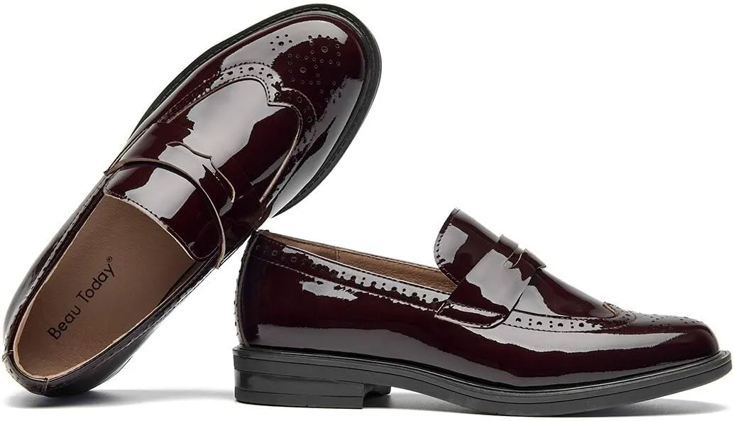 BEAU TODAY Flat Loafers for Women, Women’s Leather Penny Loafers, Slip-on Flats for Women, Comfortable Dressy Business Casual Office Non-Slip Round Toe Loafers