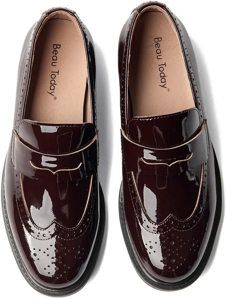 BEAU TODAY Flat Loafers for Women, Women’s Leather Penny Loafers, Slip-on Flats for Women, Comfortable Dressy Business Casual Office Non-Slip Round Toe Loafers