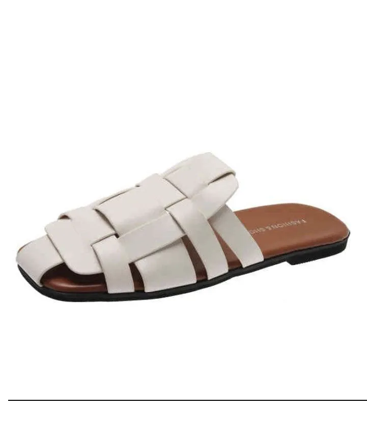 Beige Slide Sandals Faux Leather Vintage Hollow Out Splicing