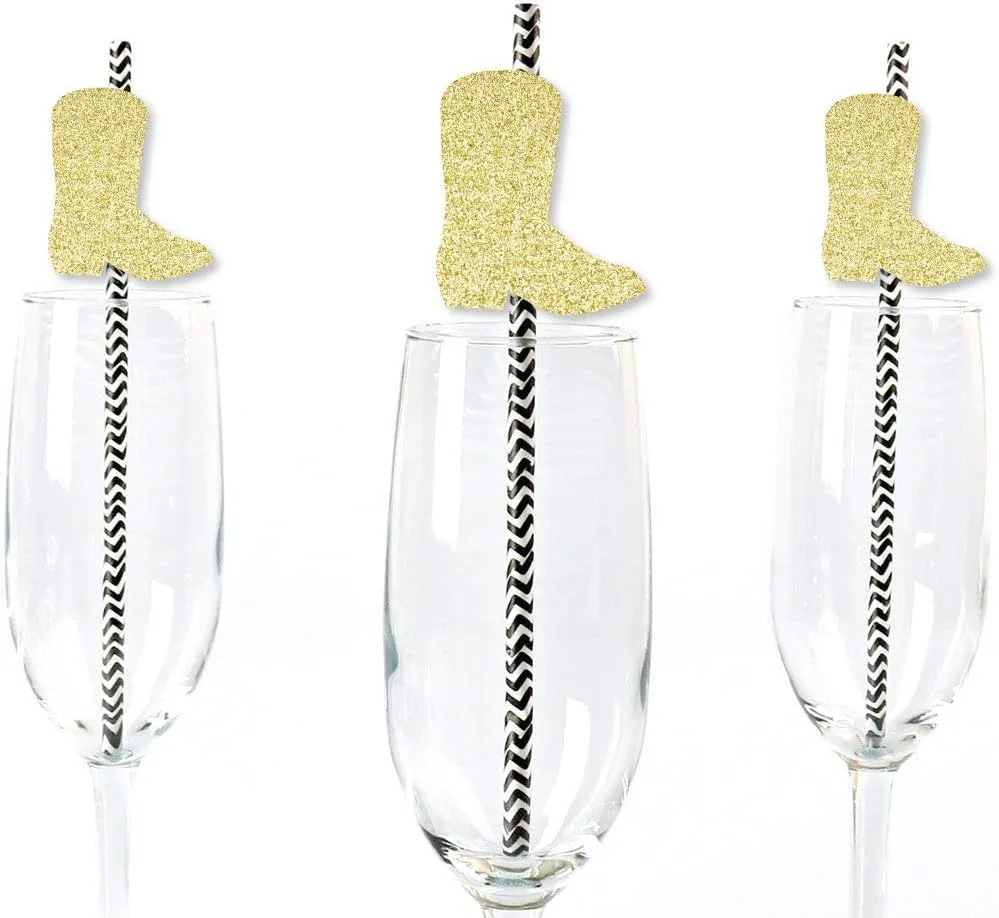 Big Dot of Happiness Gold Glitter Cowboy Boot Party Straws - No-Mess Cut-Outs and Decorative Western Baby Shower, Birthday or Bachelorette - Set of 24