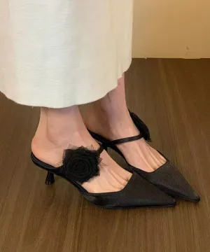 Black Floral Splicing Stiletto Slide Sandals Pointed Toe