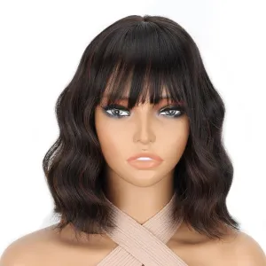 Black Wig with Highlights,Short Wavy Black Wigs with Bangs Shoulder Length Bob Curly Wavy Black Wigs for Women Synthetic Cosplay Wig for Date Daily Use